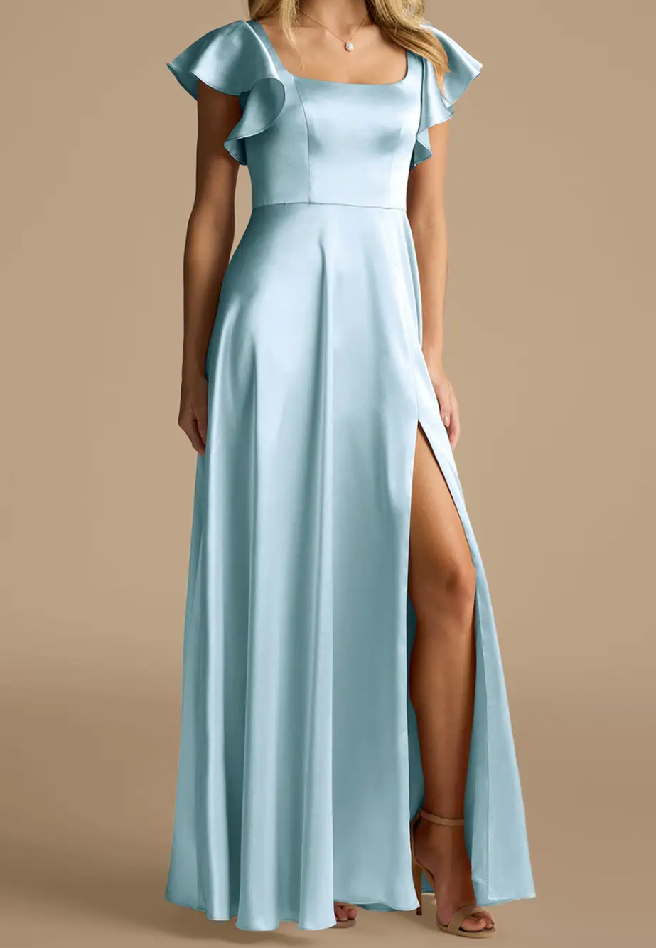Azazie Dress Women's 8 Bondi Sky Blue A-Line Bow Metallic Satin Dress Bridesmaid